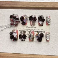 Faux ongles carrés courts à presser, en acrylique, faits à la main, noirs, avec motif papillon 3D, forme amande, pour femmes