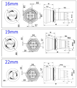 Bouton poussoir d'arrêt d'urgence à tête de champignon rouge de 16 mm 1NO1NC 2NO2NC - Product Image 3