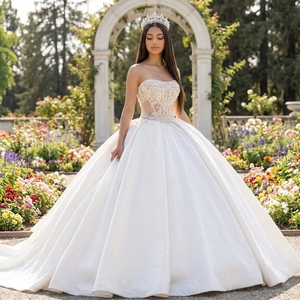 Xs289 Strapless Pearl Beaded Satin Ball Gown Modern <b>Wedding</b> Dress Lace Applique Chapel Train Bridal for - Product Image 1