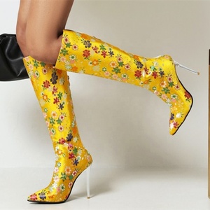 Classic Embroidered Shoes <b>Boots</b> Floral Print Sexy Lady's High Heel <b>Boots</b> Dress Shoes Pointy Toe Knee High Size 43 - Product Image 2
