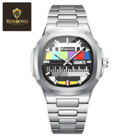 Jam Tangan Pria BINBOND 1984 TV No Signal Dial Nostalgic Quartz dengan Tali Baja Tahan Air Retro Novelty untuk Pria