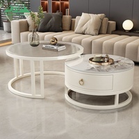 Wayon Tables basses rondes modernes en métal, lot de 2, avec plateau en marbre blanc et bord doré pour salon
