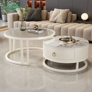 طاولات قهوة معدنية دائرية حديثة من وايون، مجموعة من قطعتين بسطح رخامي أبيض وحواف ذهبية لغرفة المعيشة - Product Image 6