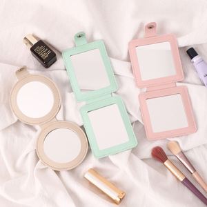 Custom Logo Double-Sided Pocket <b>Pink</b> Travel Makeup Small Pu Leather Folding Cosmetic Mirror 2X Magnification Lighted - Product Image 4