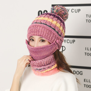 Winter Knitted Hat Scarf Mask Set Women Windproof Warm Neck Protector Cycling Outdoor Wear Fleece Lined Woolen Hat Adult Female - Product Image 3