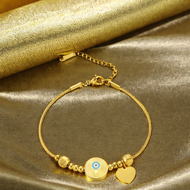Unisex 18K Gold Plated Round Snake Chain Eye Charm Bracelet Women's Stainless Steel Wedding or Party Jewelry for Gifts