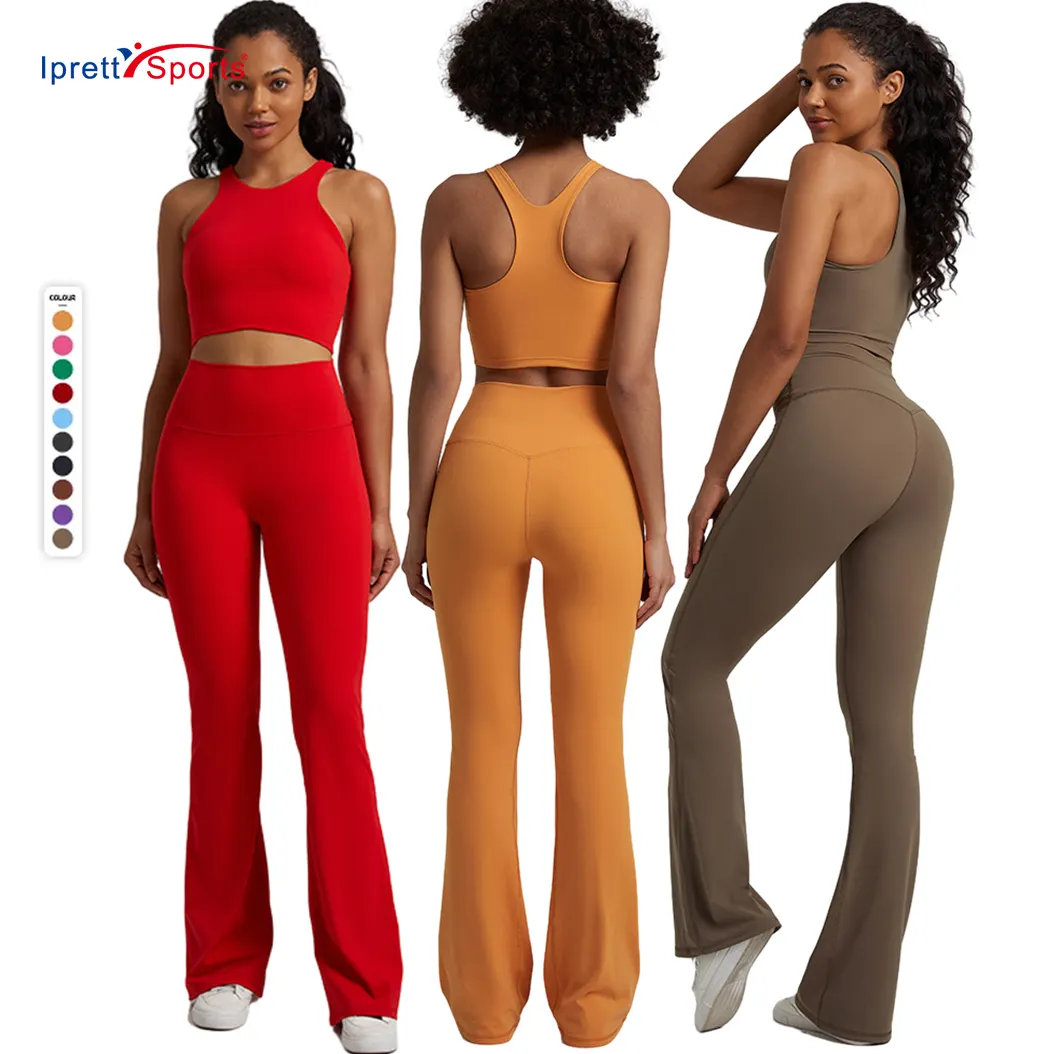 68% Nylon/32% Gym Fitness Ensembles Spandex Super Qualité Femmes Yoga Athlétique Porter Classique Racer Back Sport Soutien-Gorge Tops Et Pantalon Évasé