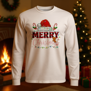 T-shirt unisexe à manches longues avec motif de Noël et chapeau de Père Noël, col rond, design festif, pour adultes, pour les fêtes de famille - Product Image 3