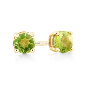 Factory Customized 9K 10K 14K 18K Solid Gold Stud Earrings with 4mm Peridot