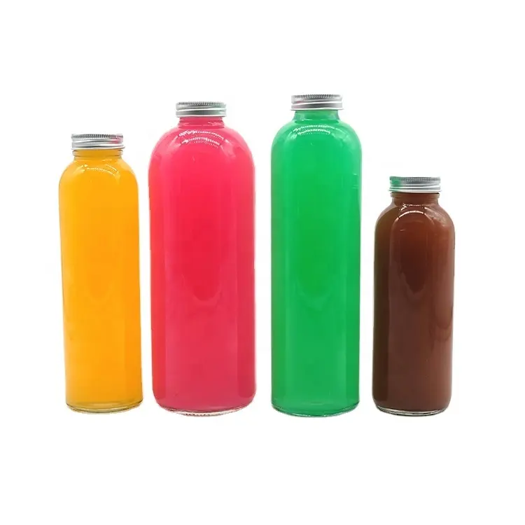 Özel boş yuvarlak temizle 12oz 250ml 500ml cam gazlı plastik veya Metal kapaklı süt şişesi meyve suyu şişesi Glas