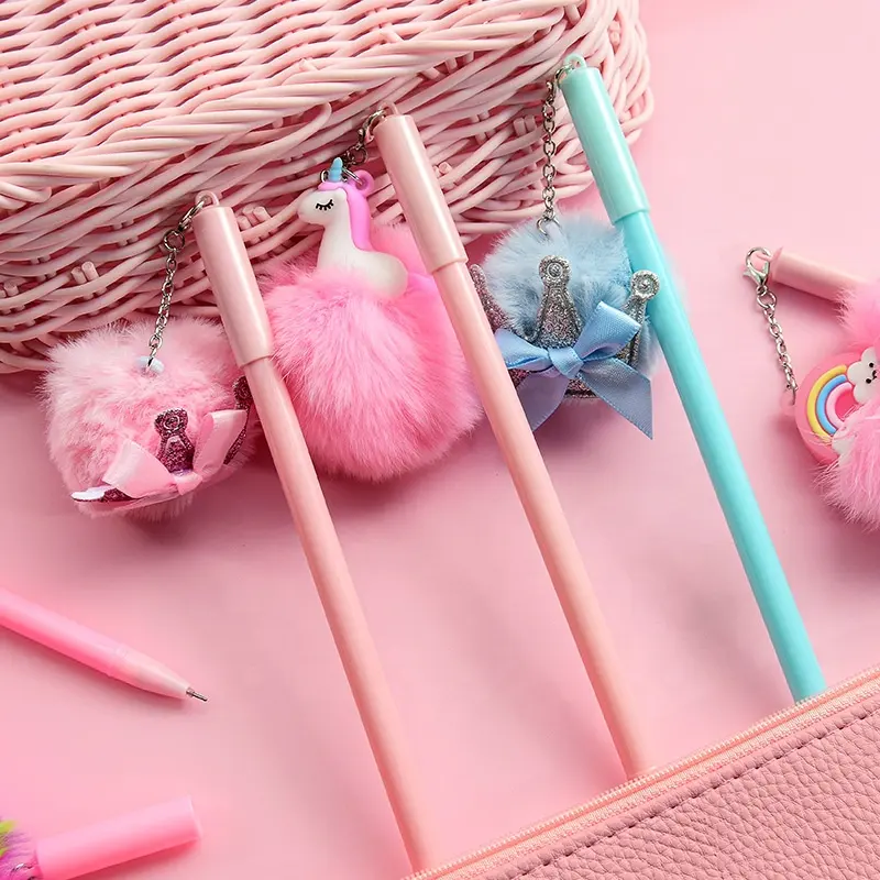 Simpatiche penne Gel unicorno kawaii Fur Cartoon Creative animal ball pen pom pom cancelleria materiale scolastico