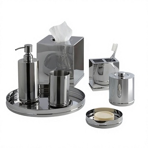 Ensemble de salle de bain moderne en acier inoxydable poli, six pièces, avec boîte à mouchoirs, porte-savon, porte-brosse à dents et plateau, respectueux de l'environnement - Product Image 1