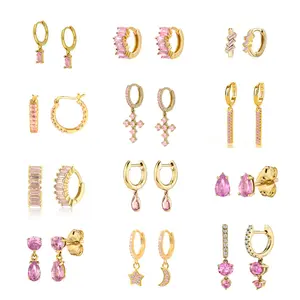 High Quality Ins Earrings Design S925 Needle Pink Water Drop Zircon Pendant Huggie Earrings Star Moon Crystal Earrings