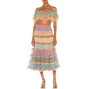 Hermoso elegante Multi Color bloqueo volantes capas de moda lindo vestido largo Mujer Faldas