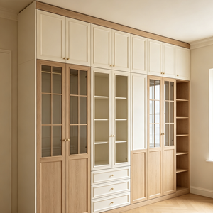 Armoire en bois avec porte en verre, tiroirs et étagères ouvertes pour chambre à coucher - Product Image 1