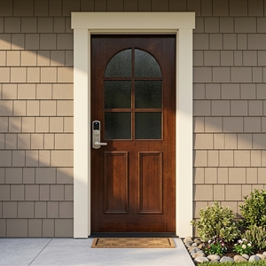 Puerta principal de estilo americano que combina paneles de madera y vidrio curvo, con una elegante cerradura inteligente para mayor seguridad. - Product Image 4