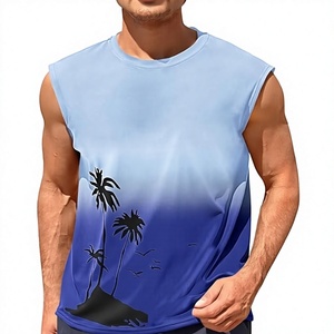Camiseta sin mangas para hombre, con estampado de palmeras en degradado azul, cuello redondo, de secado rápido, informal, de punto, para deporte. - Product Image 1
