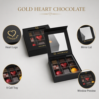 Boîte Cadeau en Papier pour Chocolats Leabon, Noir Mat avec Logo Cœur Doré, Couvercle Miroir, 9 Compartiments pour Emballage de Chocolats, Vente en Gros Usine