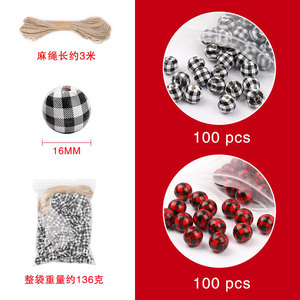 Matériaux de perlage DIY, perles en bois 16 mm, noir, blanc, rouge, à carreaux, avec corde en chanvre pour artisanat et décorations - Product Image 1