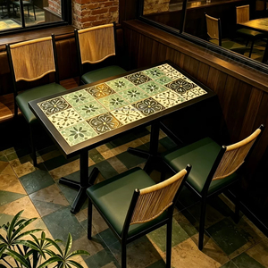 Mesa de Comedor Cuadrada de Mármol <span class=keywords><strong>Blanco</strong></span> con Base de Metal Negro, Silla con Respaldo de Ratán y Cojín Verde, Muebles Vintage para <span class=keywords><strong>Restaurante</strong></span> Occidental, Venta al Por Mayor - Product Image 2