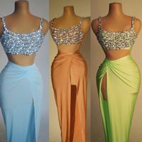 Ensemble 2 pièces élégant pour femme : haut court et jupe trompette en satin à imprimé naturel avec pompons – Tenue de soirée
