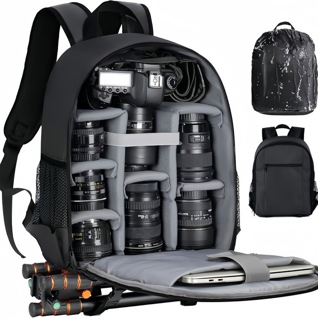 Dual-shoulder Unisex Professional Camera Backpack Polyester Rain Cover Laptop Compartment Waterproof Design Outdoor Urban