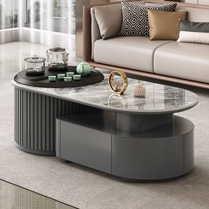 Modern <strong>Oval</strong> - Shaped Marble - Top <strong>Coffee</strong> <strong>Table</strong> with Drawer and Rotating Tea Tray - Product Image 4