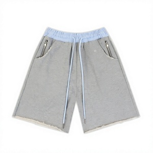 Shorts de survêtement personnalisés pour hommes avec ceinture contrastante, ourlet brut, poche zippée, coupe ample, style hip-hop décontracté, taille élastique, 100% coton, séchage rapide - Product Image 1