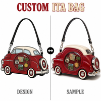 Sac à dos Ita personnalisé, mignon, style voiture vintage, en cuir grainé rouge rétro, avec toit crème, pare-chocs argenté et fenêtre de présentation ronde transparente, Kawaii