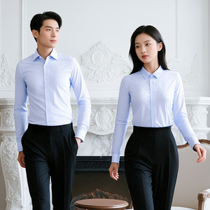 Women's Long Sleeve Blue Shirt Pure Cotton Solid Color Work Blouse Autumn Commute Interview Uniform - Product Image 3