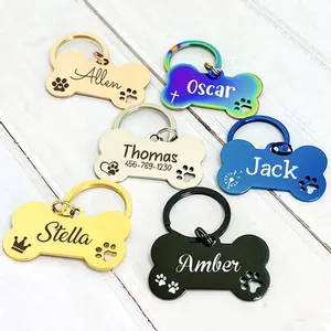 hundemarke rohling Puppy hollow out paw DogTags Rose Gold Black Silver Engraved Collar Tag Personalized Name Tag Bone Dog Tag