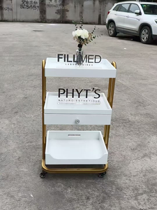 รถเข็นหรูหราคุณภาพสูงสำหรับร้านเสริมสวยดูแลผิว พร้อมชั้นวางของไม้ รถเข็นอุปกรณ์โลหะและพลาสติก - Product Image 2