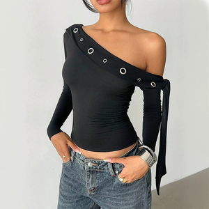 Tren produk tren wanita musim semi pakaian bahu miring blus lengan panjang dan atasan hitam 2026 - Product Image 1
