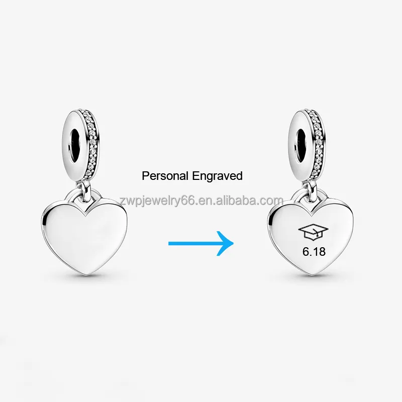 New 925 Sterling Silver Pan dora Personal Engraved Customize Heart Charm for DIY Bracelet Jewelry Making Women Jewelry Gift
