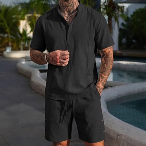 Camisa Guayabera de Fibra de Bambú para Hombre, Cuello Henley, Color Sólido, Estilo Europeo Americano, Casual de Verano, Venta Caliente Transfronteriza - Product Image 3