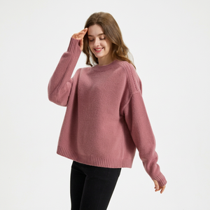 Pull-over en tricot rose pour femme, col rond, manches longues, décontracté, pour l'automne, 100% acrylique, anti-boulochage, coupe classique - Product Image 3