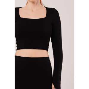 Wholesale Two-Piece Black Set Casual Square Neck Blouse and Slit Detail <b>Skirt</b> <b>for</b> <b>Summer</b> XL Size Solid Pattern Top - Product Image 3