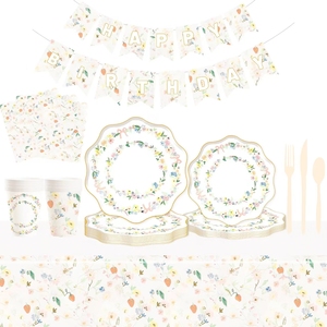 DAMAI - Juego de Platos y Servilletas de Papel para Fiestas Florales, Incluye Platos y Vasos de Papel Desechables con Lazo, Artículos para Fiestas de Cumpleaños - Product Image 1