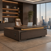Bureau de direction moderne haut de gamme en noyer avec éclairage LED, armoire de rangement, grande table de PDG pour bureau du président