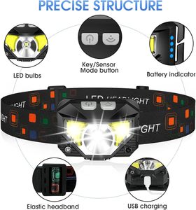 Waterproof Ultralight Camping Headlight Head Torch Cob Led Rechargeable Sensor Plastic Headlamp for Running Hiking - Product Image 6