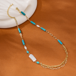 Collar de Cuentas de Turquesa Natural 2026, <span class=keywords><strong>Cadena</strong></span> Asimétrica de Varias Capas con Eslabones Tipo Clip, Estilo Barroco, Acero Inoxidable Dorado, para Mujer, Oro de 18K - Product Image 4