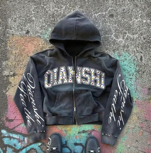 เสื้อฮู้ดดี้สตรีทแวร์ดีไซน์ใหม่ สปริง สไตล์วินเทจฟอกสี ซิปคู่ ฮู้ดดี้สั่งทำพิเศษ ทรงโอเวอร์ไซส์ ประดับคริสตัล ซิปหน้า สำหรับผู้ชาย - Product Image 2