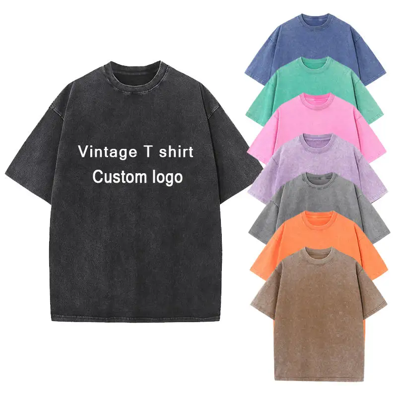 Camisetas masculinas grandes personalizadas estilo vintage, camisetas desgastadas com lavagem ácida, 100% algodão, plus size