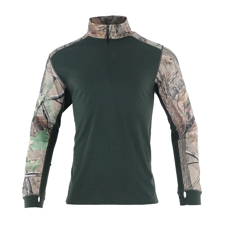 Fabrieksprijs 100% Merinowol Ademende Camouflage 1/4 Rits Gebreid Shirt Met Lange Mouwen