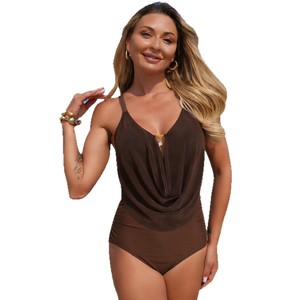 Traje de baño de una pieza para mujer, cuello en V profundo, color sólido, elástico, para playa y deportes acuáticos - Product Image 5