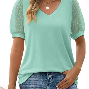 Grande taille 1XL-5XL femmes couleur blocage Sequin T-shirt été lanterne manches col en V haut décontracté - Product Image 1