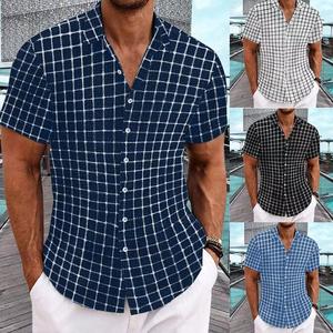 Nouveaux hommes décontracté <span class=keywords><strong>bleu</strong></span> <span class=keywords><strong>blanc</strong></span> <span class=keywords><strong>chemise</strong></span> à <span class=keywords><strong>carreaux</strong></span> boutonné à manches courtes Style Hip Hop Boxy Plaid chemises à <span class=keywords><strong>carreaux</strong></span> - Product Image 1
