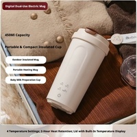Tasse chauffante électrique portable 450 ml, 4 niveaux de température, affichage LED, ébullition rapide en 6 min, acier inoxydable 304, arrêt automatique, anti-fuite, pour voyage et bureau