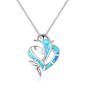 Collar con Colgante de Corazón de Delfín en Plata de Ley S925 con Baño de Rodio y Ópalo Azul, Delicado, Inspirado en el Océano, para Compromiso, Boda o Fiesta - Product Image 1