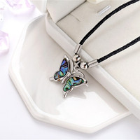 Collier et pendentif papillons plaqué argent pour femme, avec coquille d'abalone naturelle, cordon noir, bijou de mode, nouvelle collection